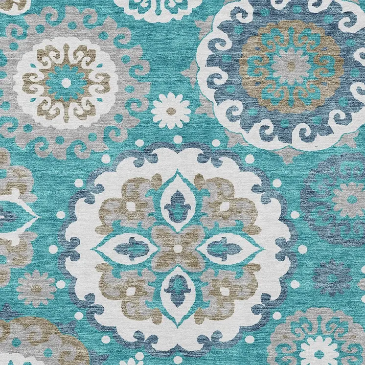3' X 5' Teal Blue Taupe And Gray Floral Medallion Washable Indoor Outdoor Area Rug