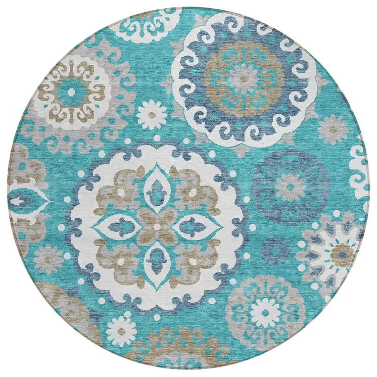 8' Teal Blue Taupe And Gray Round Floral Medallion Washable Indoor Outdoor Area Rug
