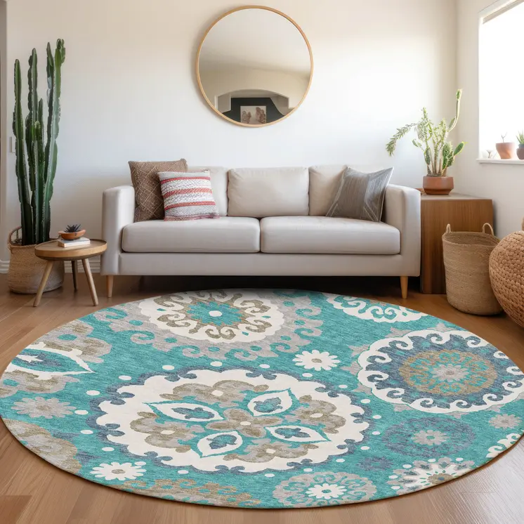 8' Teal Blue Taupe And Gray Round Floral Medallion Washable Indoor Outdoor Area Rug
