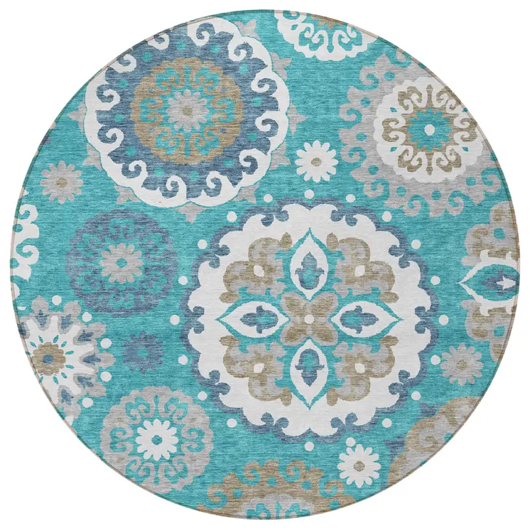 8' Teal Blue Taupe And Gray Round Floral Medallion Washable Indoor Outdoor Area Rug