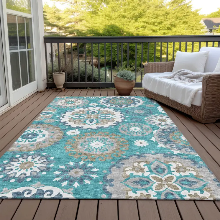 8' X 10' Teal Blue Taupe And Gray Floral Medallion Washable Indoor Outdoor Area Rug