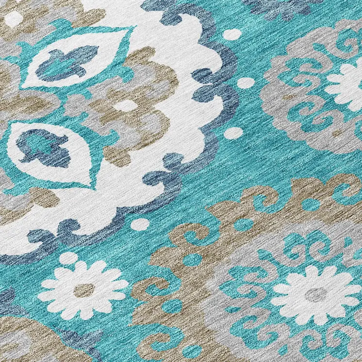 8' X 10' Teal Blue Taupe And Gray Floral Medallion Washable Indoor Outdoor Area Rug