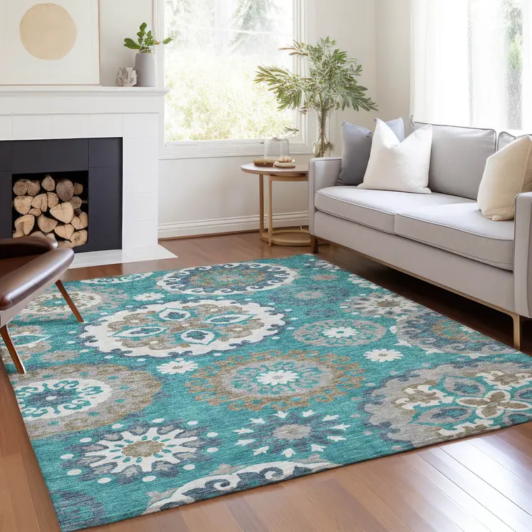 8' X 10' Teal Blue Taupe And Gray Floral Medallion Washable Indoor Outdoor Area Rug