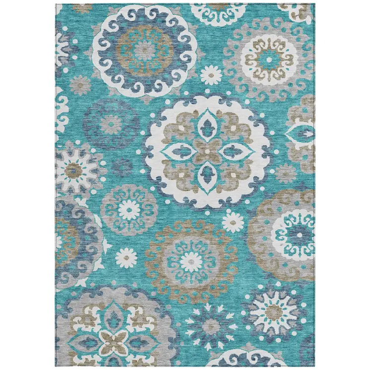 9' X 12' Teal Blue Taupe And Gray Floral Medallion Washable Indoor Outdoor Area Rug