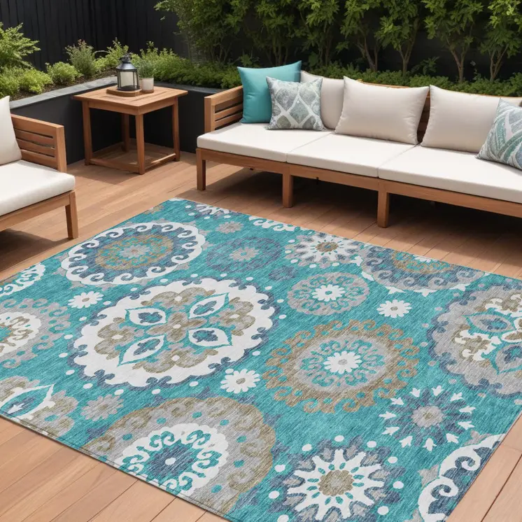 9' X 12' Teal Blue Taupe And Gray Floral Medallion Washable Indoor Outdoor Area Rug