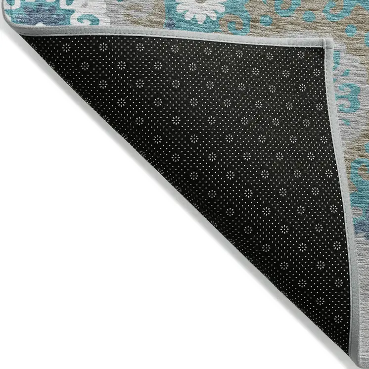 9' X 12' Teal Blue Taupe And Gray Floral Medallion Washable Indoor Outdoor Area Rug