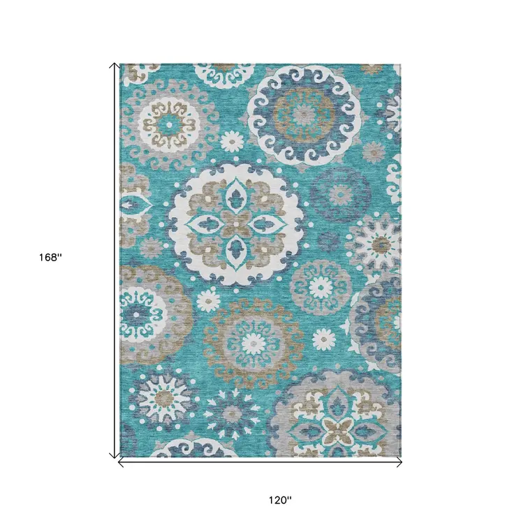 10' X 14' Teal Blue Taupe And Gray Floral Medallion Washable Indoor Outdoor Area Rug