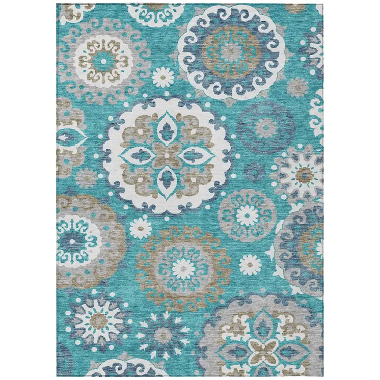 10' X 14' Teal Blue Taupe And Gray Floral Medallion Washable Indoor Outdoor Area Rug