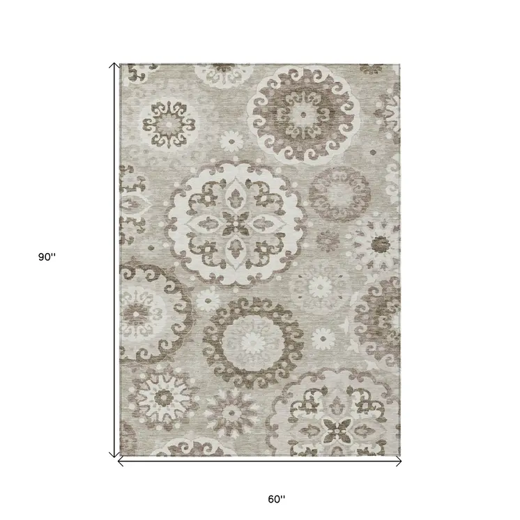 5' X 8' Taupe Beige And Brown Floral Medallion Washable Indoor Outdoor Area Rug