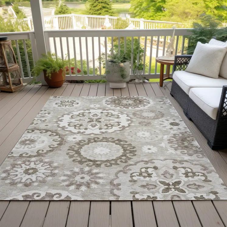 5' X 8' Taupe Beige And Brown Floral Medallion Washable Indoor Outdoor Area Rug