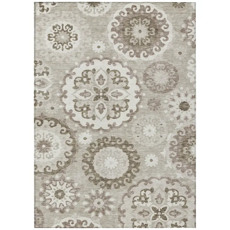 5' X 8' Taupe Beige And Brown Floral Medallion Washable Indoor Outdoor Area Rug