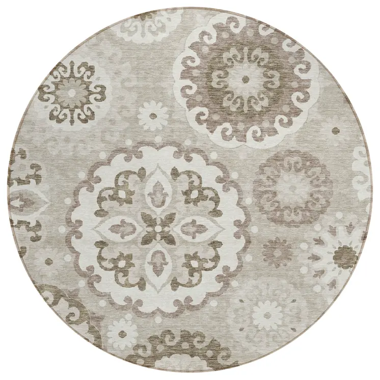8' Taupe Beige And Brown Round Floral Medallion Washable Indoor Outdoor Area Rug