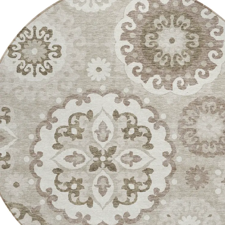 8' Taupe Beige And Brown Round Floral Medallion Washable Indoor Outdoor Area Rug