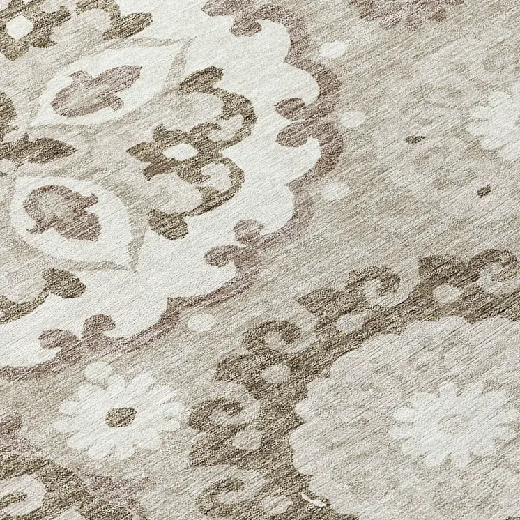 8' Taupe Beige And Brown Round Floral Medallion Washable Indoor Outdoor Area Rug