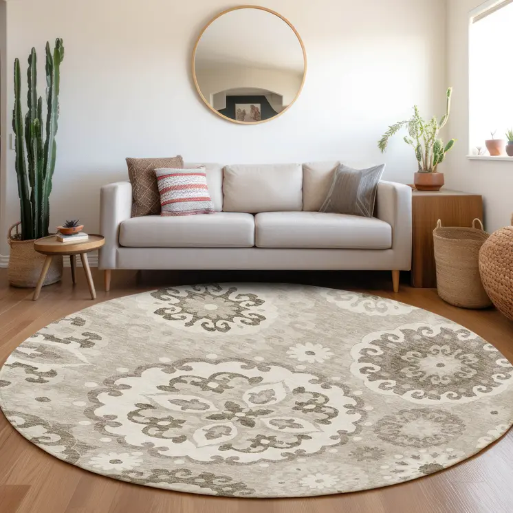 8' Taupe Beige And Brown Round Floral Medallion Washable Indoor Outdoor Area Rug