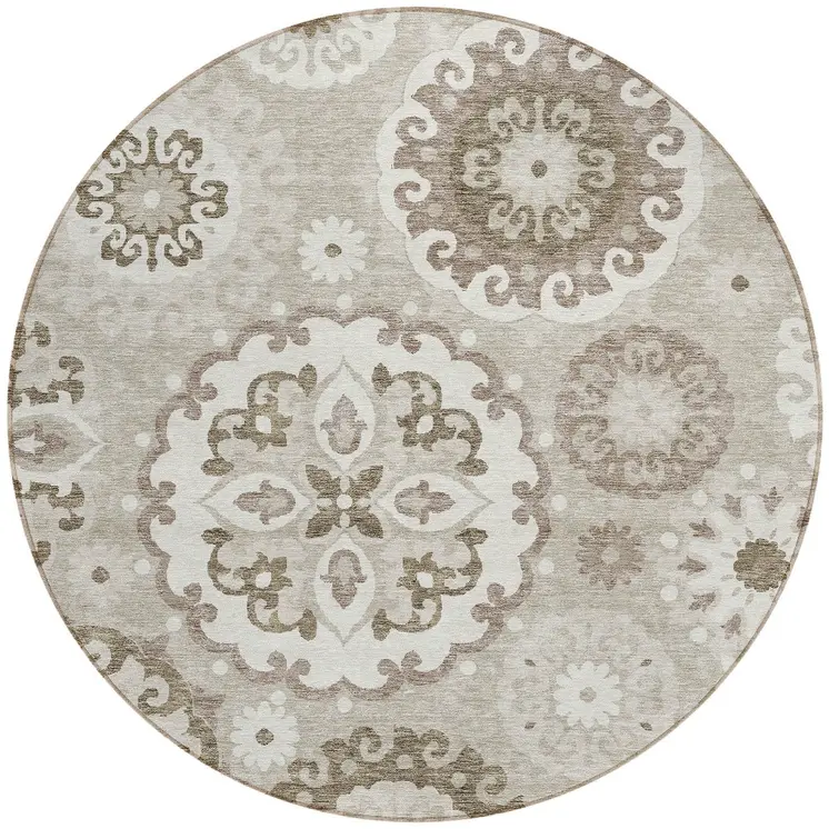 8' Taupe Beige And Brown Round Floral Medallion Washable Indoor Outdoor Area Rug