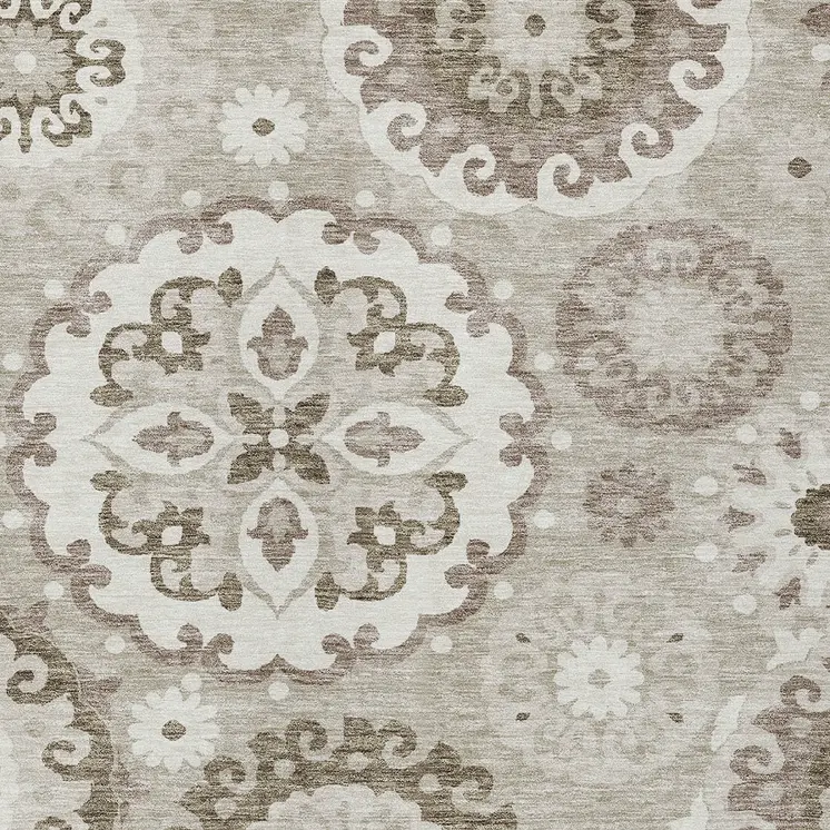 9' X 12' Taupe Beige And Brown Floral Medallion Washable Indoor Outdoor Area Rug