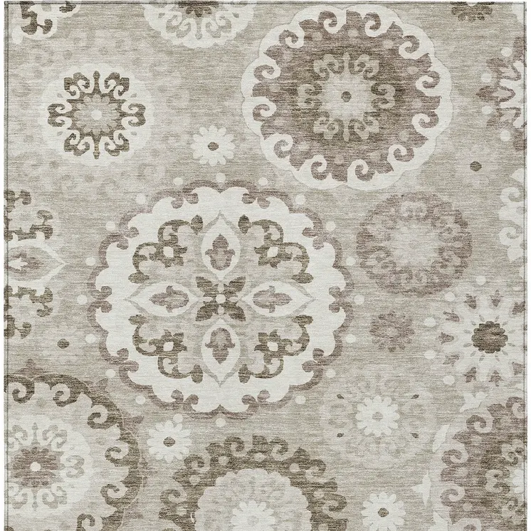 10' X 14' Taupe Beige And Brown Floral Medallion Washable Indoor Outdoor Area Rug