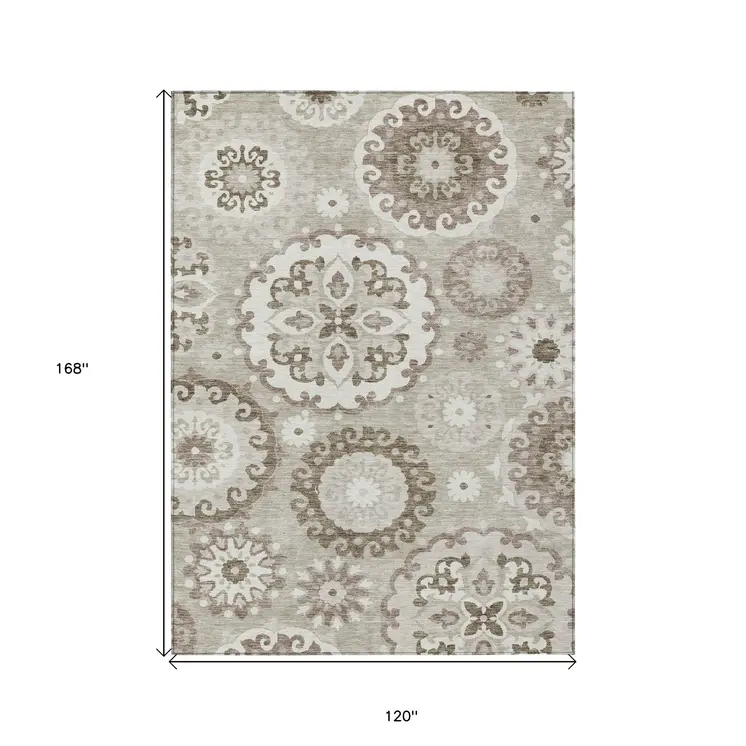 10' X 14' Taupe Beige And Brown Floral Medallion Washable Indoor Outdoor Area Rug