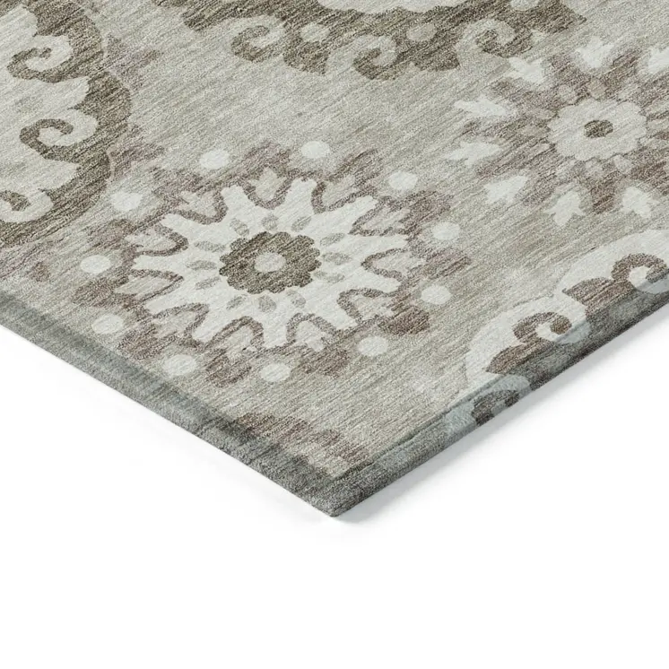 10' X 14' Taupe Beige And Brown Floral Medallion Washable Indoor Outdoor Area Rug
