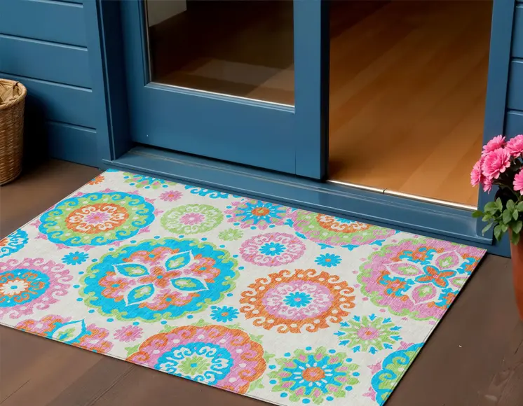 3' X 5' White Orange And Teal Blue Floral Medallion Washable Indoor Outdoor Area Rug