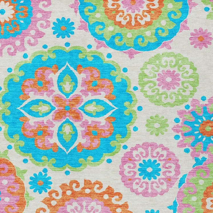 3' X 5' White Orange And Teal Blue Floral Medallion Washable Indoor Outdoor Area Rug