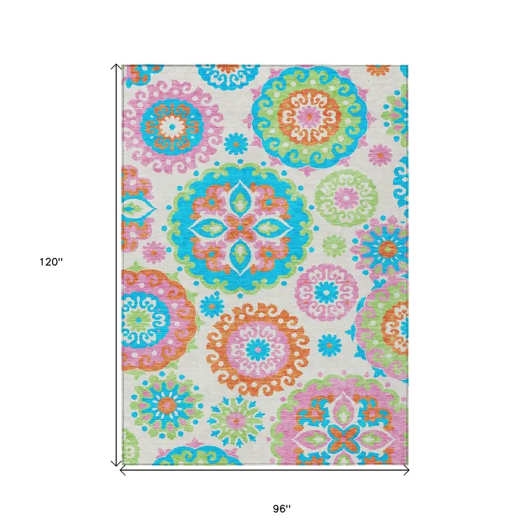 8' X 10' White Orange And Teal Blue Floral Medallion Washable Indoor Outdoor Area Rug