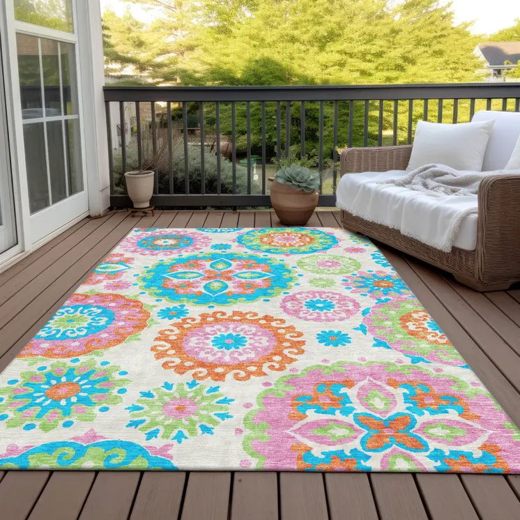 8' X 10' White Orange And Teal Blue Floral Medallion Washable Indoor Outdoor Area Rug