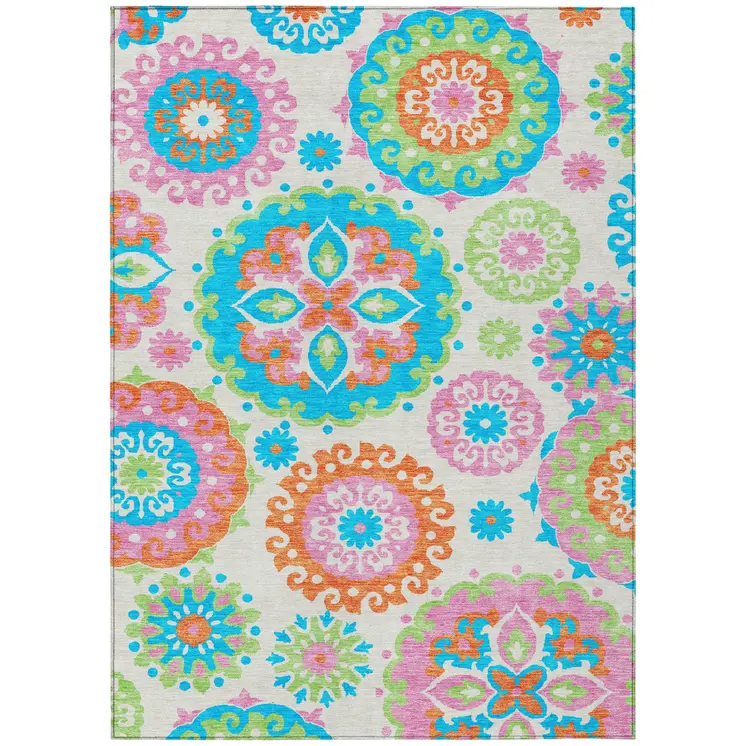8' X 10' White Orange And Teal Blue Floral Medallion Washable Indoor Outdoor Area Rug