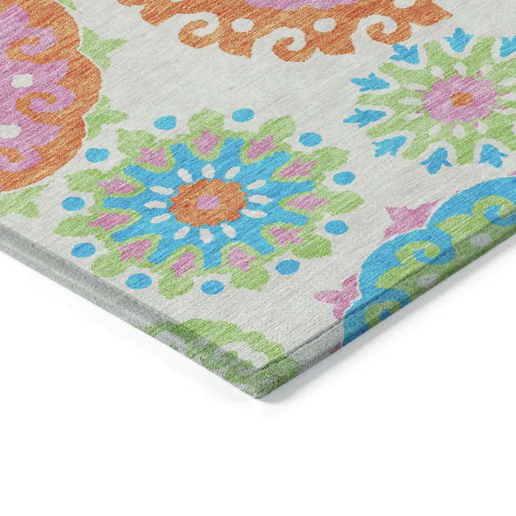 8' X 10' White Orange And Teal Blue Floral Medallion Washable Indoor Outdoor Area Rug