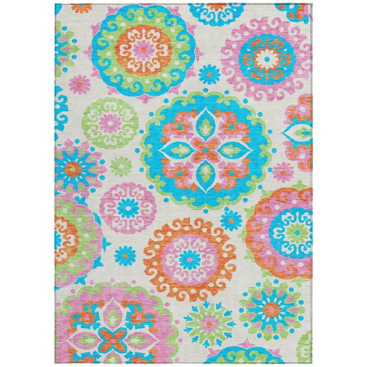 8' X 10' White Orange And Teal Blue Floral Medallion Washable Indoor Outdoor Area Rug
