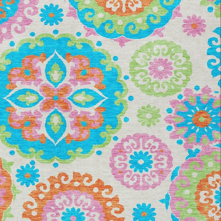 10' X 14' White Orange And Teal Blue Floral Medallion Washable Indoor Outdoor Area Rug