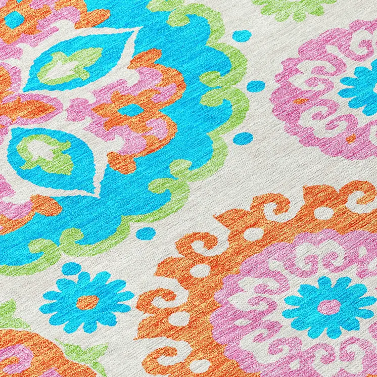 10' X 14' White Orange And Teal Blue Floral Medallion Washable Indoor Outdoor Area Rug