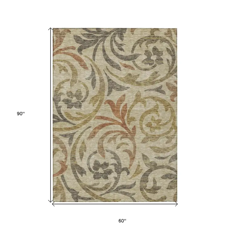 5' X 8' Beige Taupe And Copper Floral Washable Indoor Outdoor Area Rug
