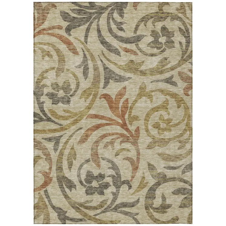 5' X 8' Beige Taupe And Copper Floral Washable Indoor Outdoor Area Rug