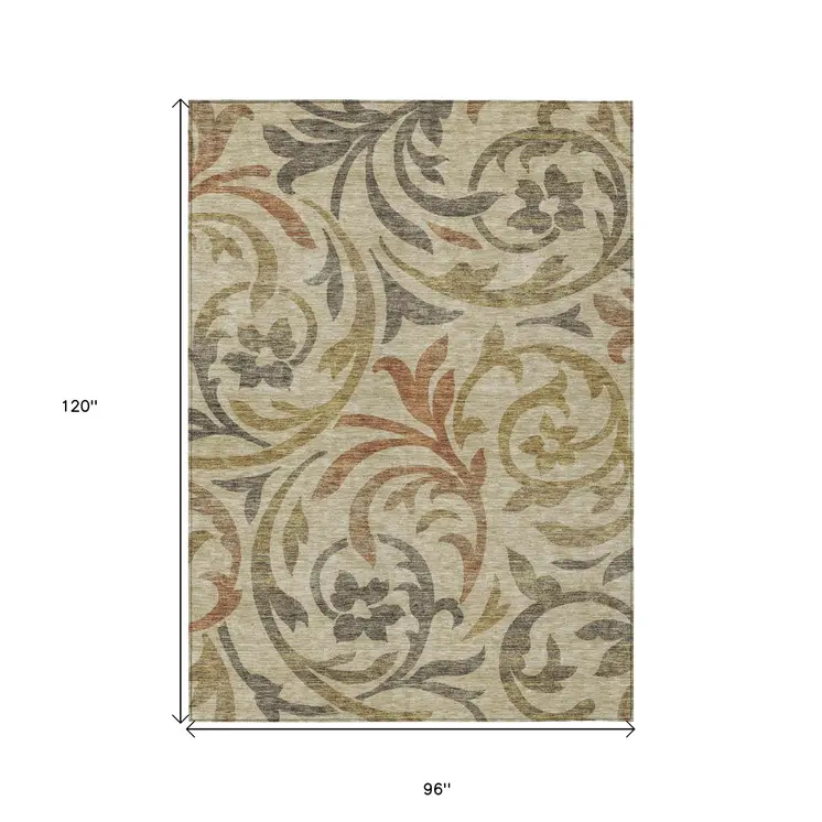 8' X 10' Beige Taupe And Copper Floral Washable Indoor Outdoor Area Rug