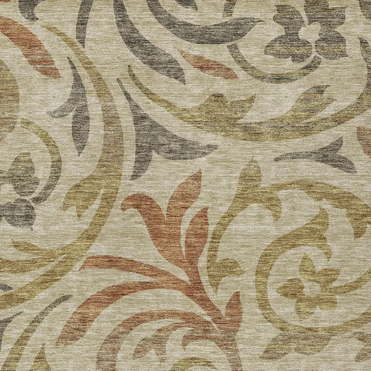 8' X 10' Beige Taupe And Copper Floral Washable Indoor Outdoor Area Rug