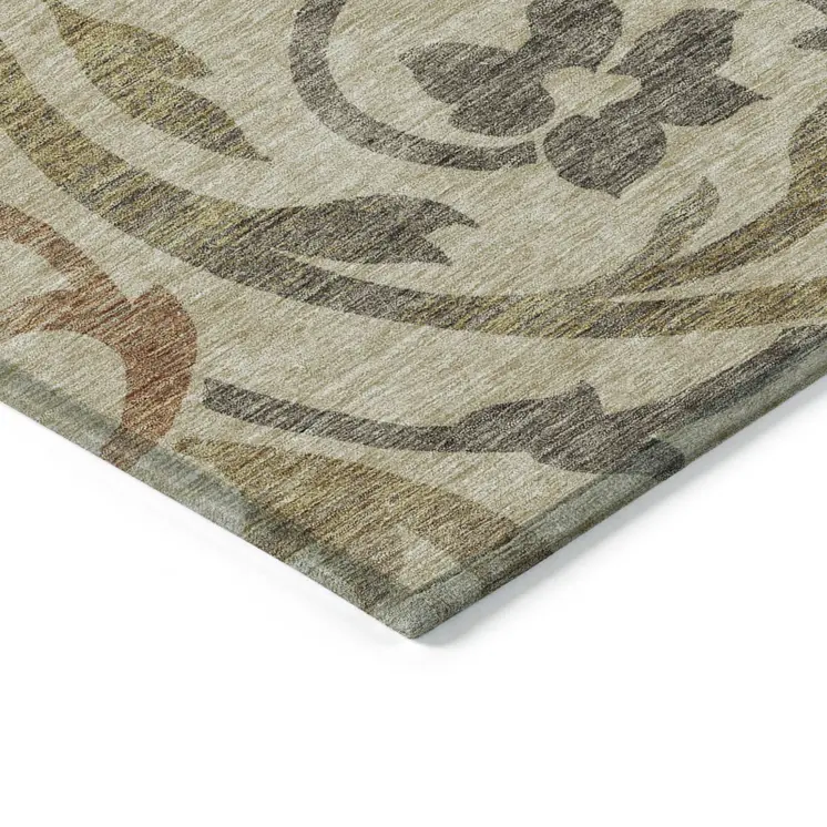 9' X 12' Beige Taupe And Copper Floral Washable Indoor Outdoor Area Rug