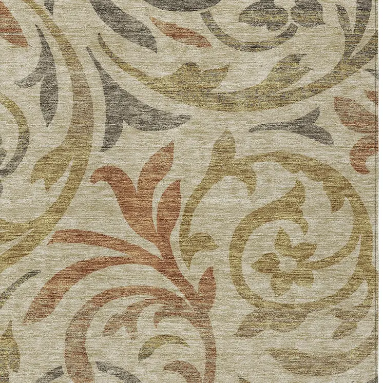 9' X 12' Beige Taupe And Copper Floral Washable Indoor Outdoor Area Rug
