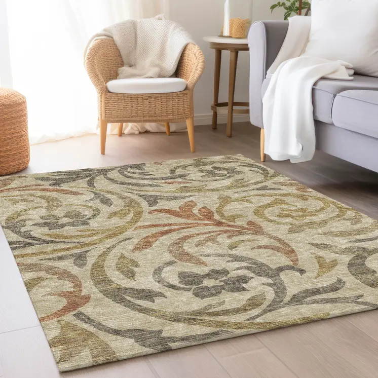 9' X 12' Beige Taupe And Copper Floral Washable Indoor Outdoor Area Rug