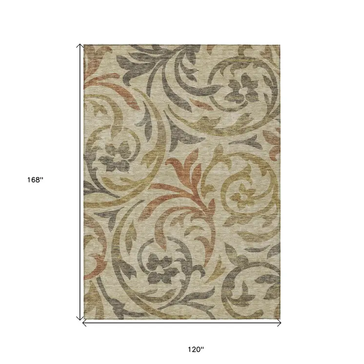 10' X 14' Beige Taupe And Copper Floral Washable Indoor Outdoor Area Rug