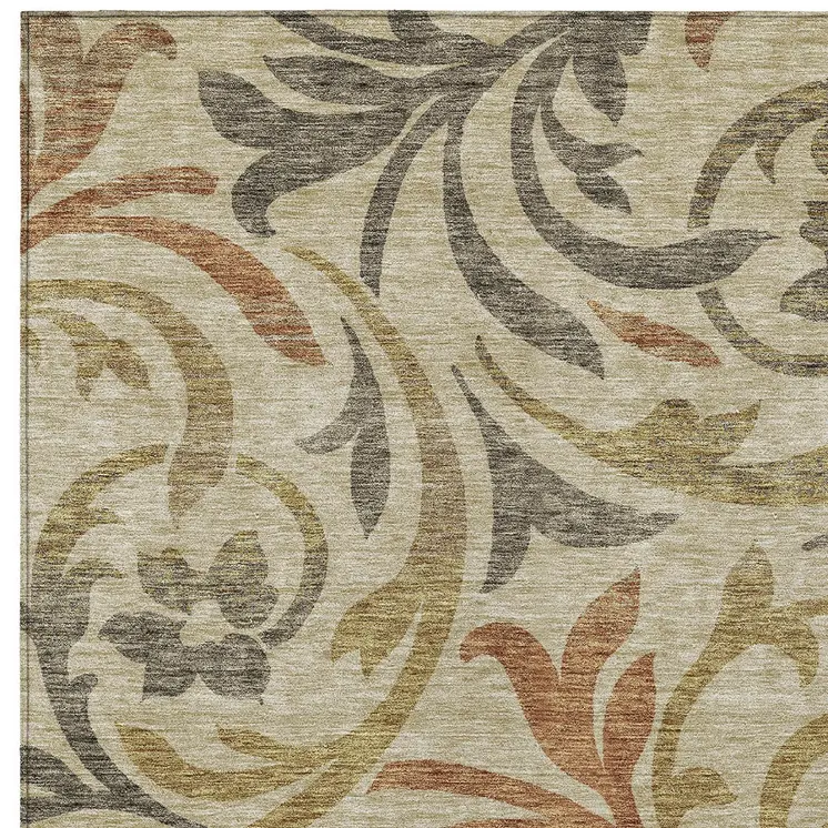 10' X 14' Beige Taupe And Copper Floral Washable Indoor Outdoor Area Rug