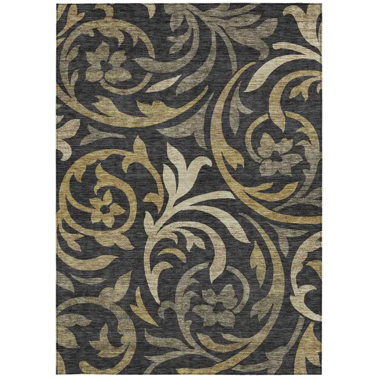3' X 5' Black Taupe And Gold Floral Washable Indoor Outdoor Area Rug