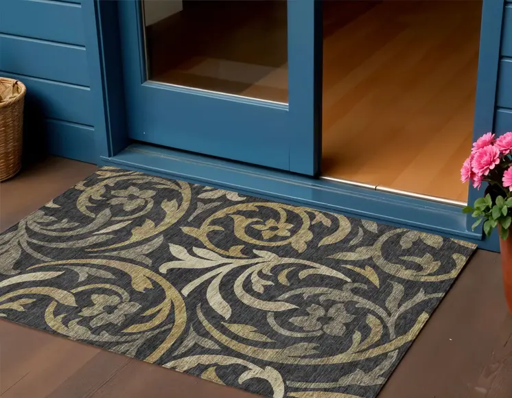 3' X 5' Black Taupe And Gold Floral Washable Indoor Outdoor Area Rug