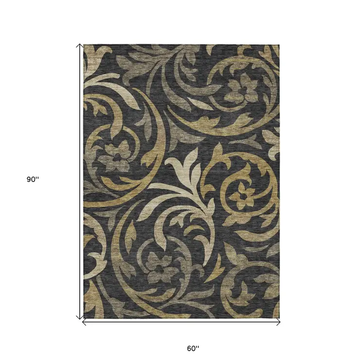 5' X 8' Black Taupe And Gold Floral Washable Indoor Outdoor Area Rug