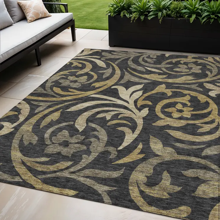 5' X 8' Black Taupe And Gold Floral Washable Indoor Outdoor Area Rug
