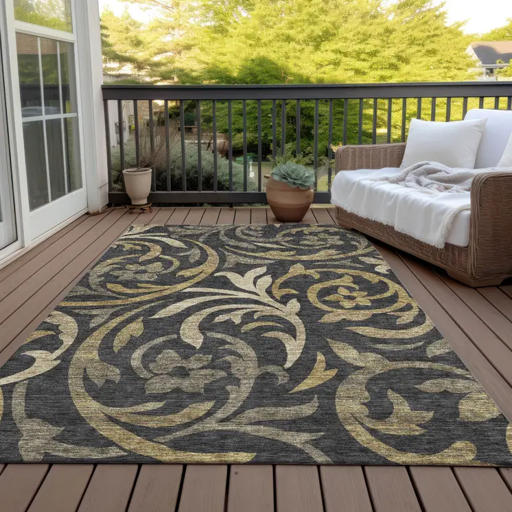 5' X 8' Black Taupe And Gold Floral Washable Indoor Outdoor Area Rug