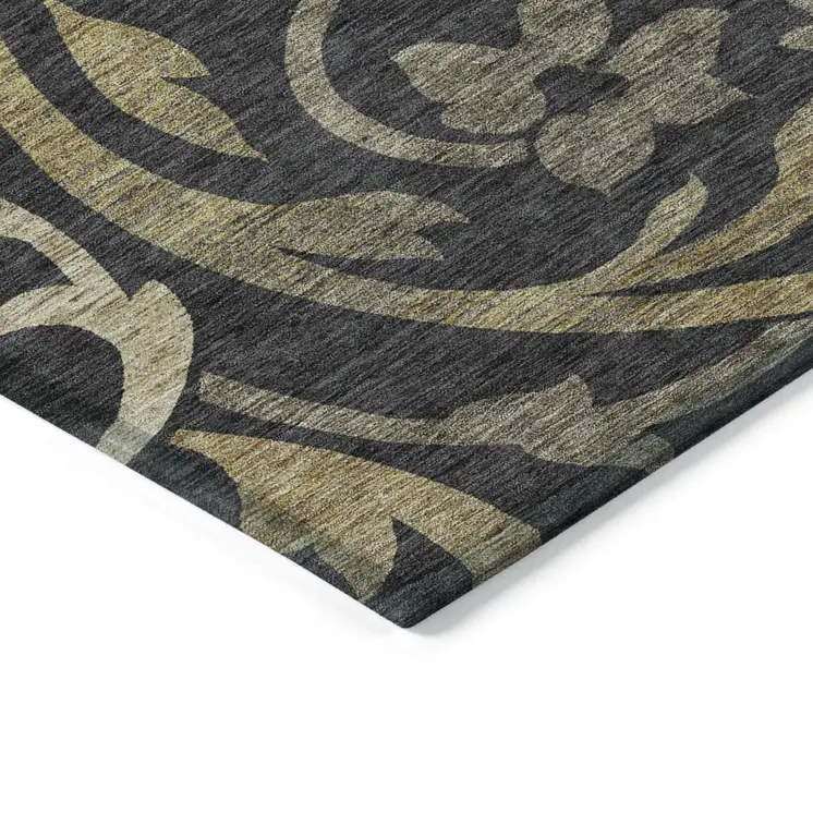 5' X 8' Black Taupe And Gold Floral Washable Indoor Outdoor Area Rug
