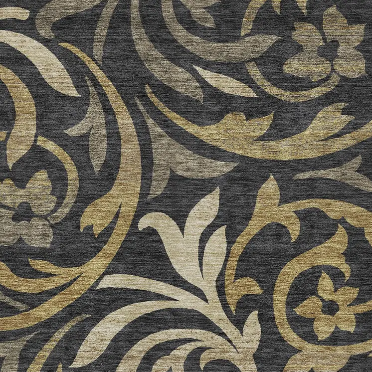5' X 8' Black Taupe And Gold Floral Washable Indoor Outdoor Area Rug