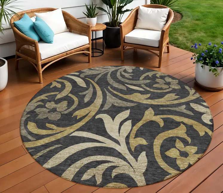 8' Black Taupe And Gold Round Floral Washable Indoor Outdoor Area Rug